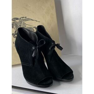 🛍️ Burberry Authentic Black Suede Peep-Toe Ankle Booties with Ribbon Tie